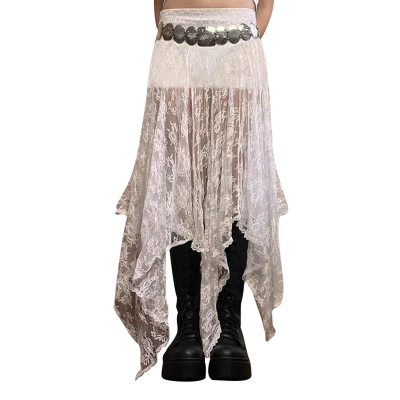 Saia feminina de renda elástica de cor sólida casual de verão transparente irregular saia em linha A para férias clube streetwear roupas estéticas