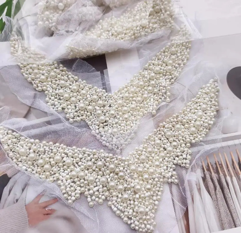 1 peça de apliques de renda com pérolas e miçangas, fitas para colarinho, joias femininas para costura, artesanato, roupas, vestido de noiva