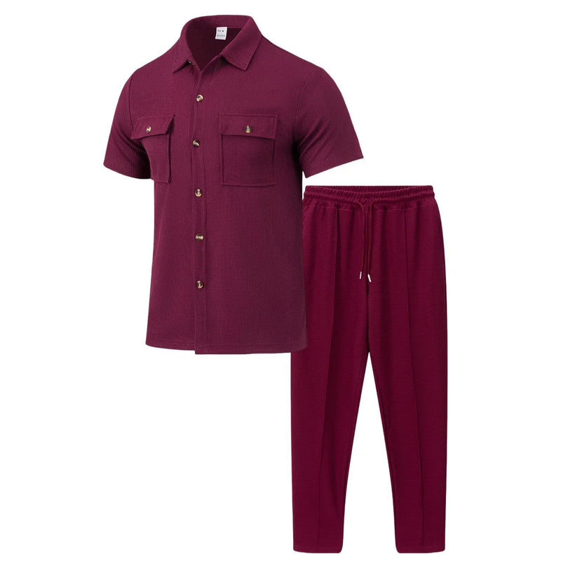 Conjunto de duas peças masculino, camisa casual leve, cor sólida, bolso com botão, tendência waffle, manga curta, calça, verão 2025