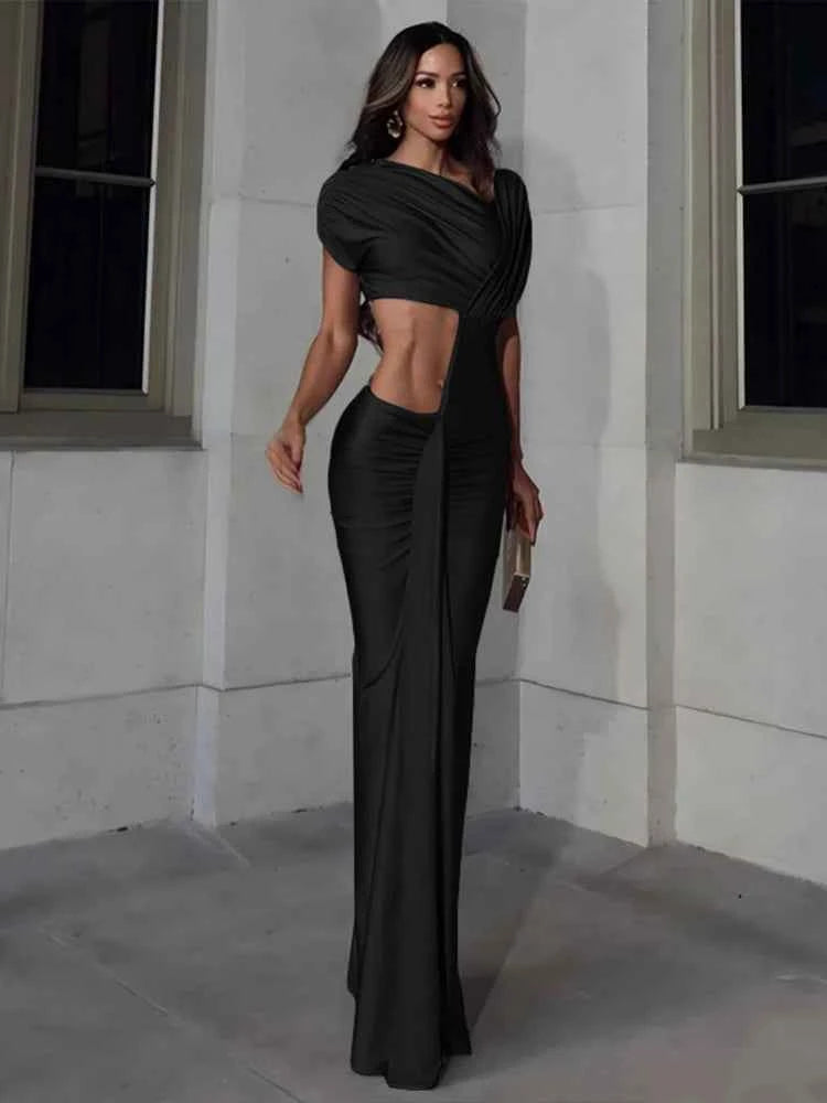 Nibber Irregular Hollow Dress Women Ruched Diagonal Collar Shorts Sleeve Waistless Slits Street Trend Temperament Long Bodycon
