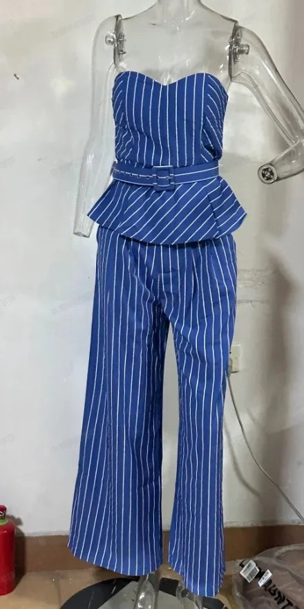 Sleeveless Strapless Tank Top Stripes Printed & Long Wide Leg Pants Women 2pcs Clothes Set Office