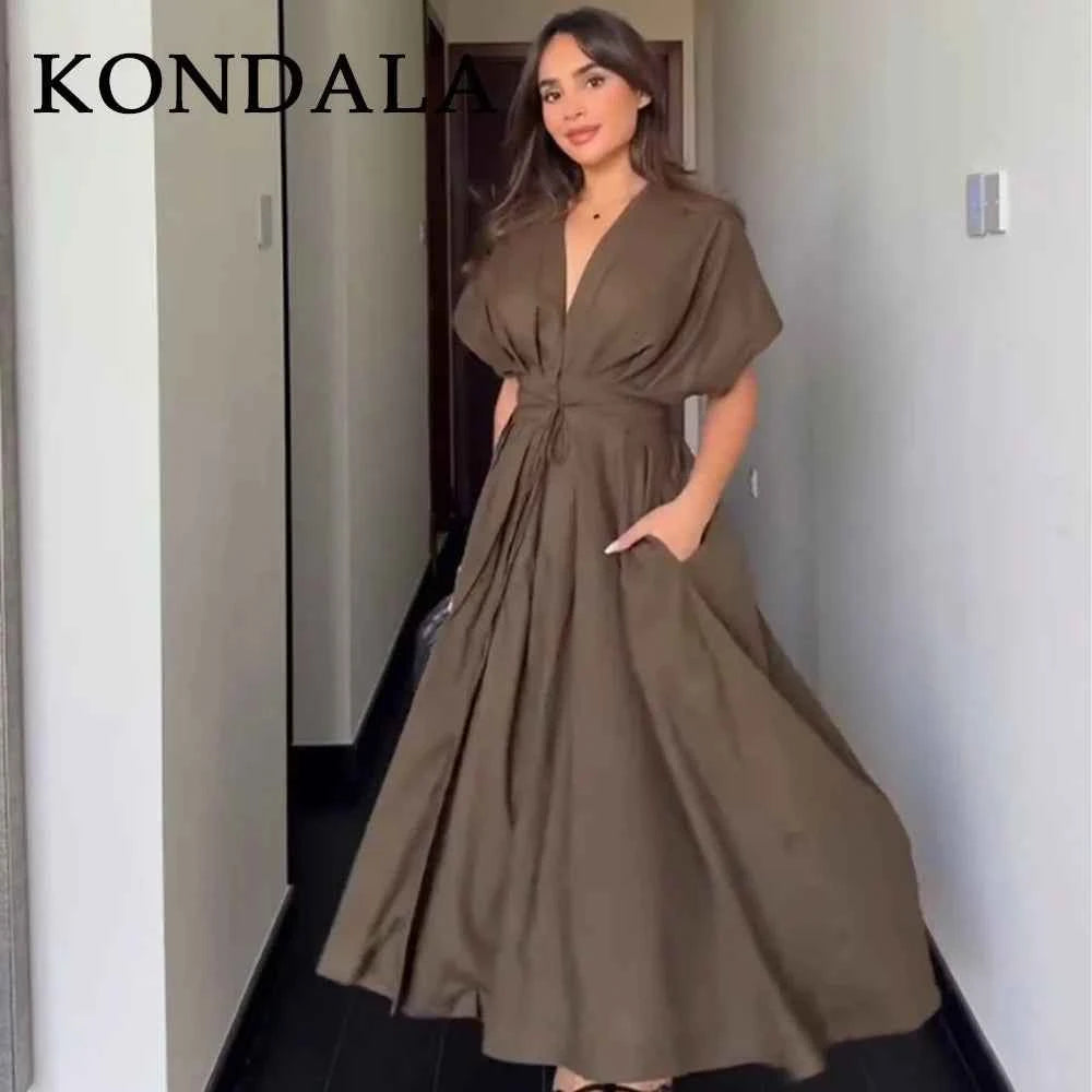 KONDALA 2026 Spring Summer Vintage Women Dress Fashion Single Breasted Sashes Draped V Neck Sleeveless Chic Brown Ladies Dresses