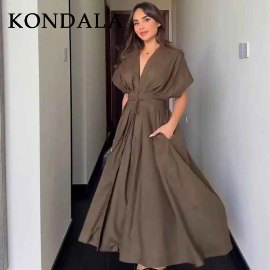 KONDALA 2026 Spring Summer Vintage Women Dress Fashion Single Breasted Sashes Draped V Neck Sleeveless Chic Brown Ladies Dresses