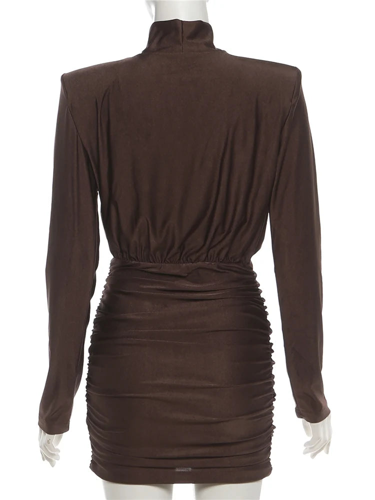 Weird Puss Elegant Shoulder Padded Dress Women Turtleneck Ruched Sexy Classic Office Commute Simple Peach Hip Slim Mini Bodycon
