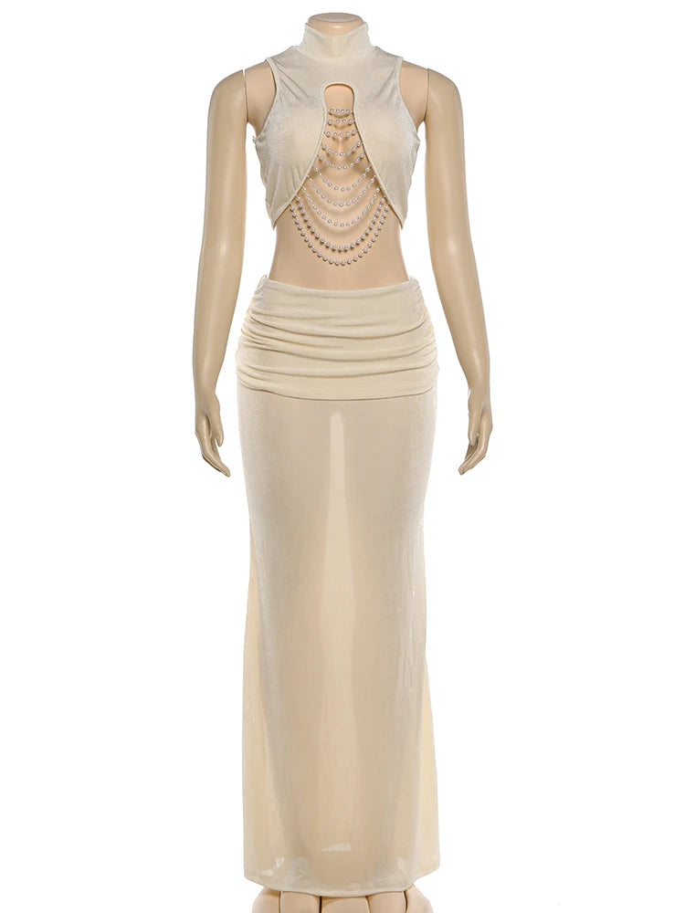 Kliou Elegant Chic 2 Piece Set Woman Turtleneck Beads Chain Decoration Irregular Crop Tops+Ruched Elastic Waist Long Skirt Suits