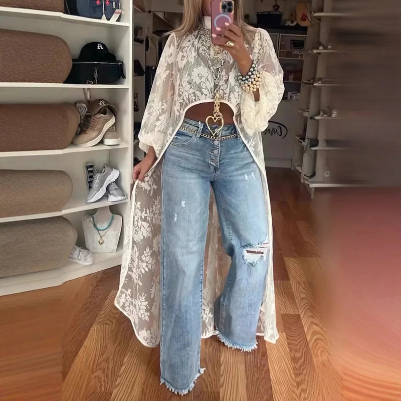 Blusa feminina nova moda 2025 com renda floral e gola alta, manga bufante, frente vazada, curta e longa