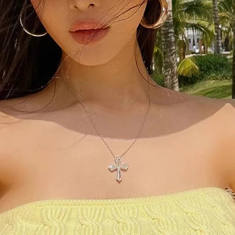 Huitan cristal cruz colar para mulheres luxo na moda feminino festa de casamento pescoço acessórios presente declaração jóias transporte da gota - CRAVO ROSE