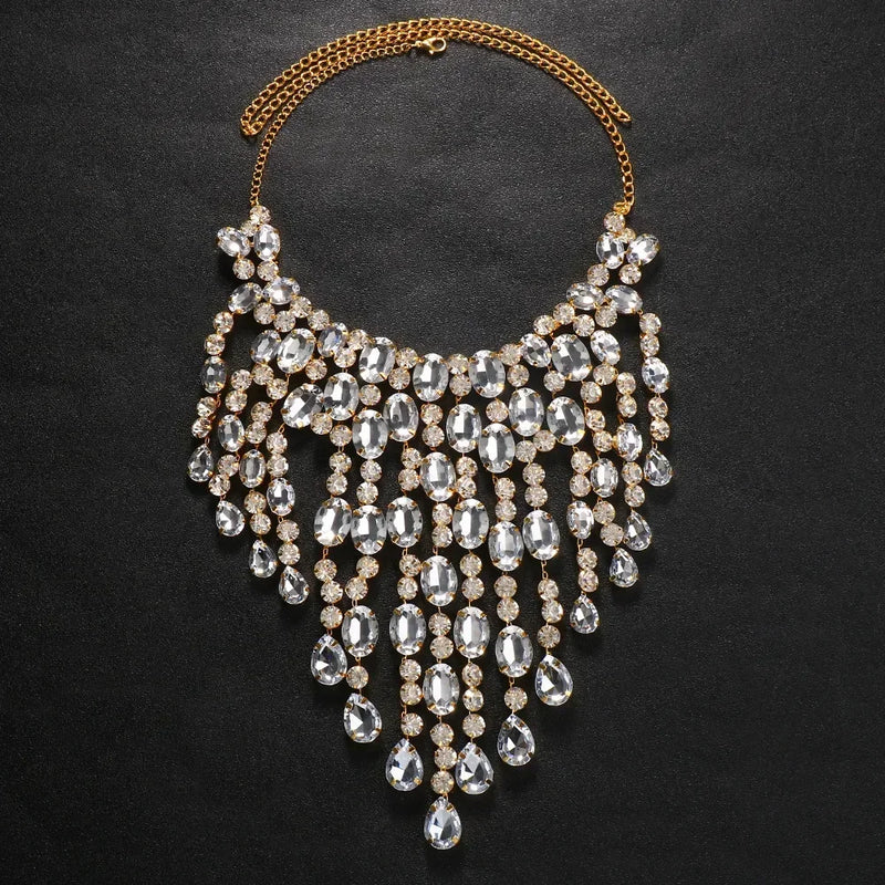 Colar de luxo Maxi Clear Crystal Choker Colar Longo Borla Declaração Colar Pingentes Chunky Collar Jóias