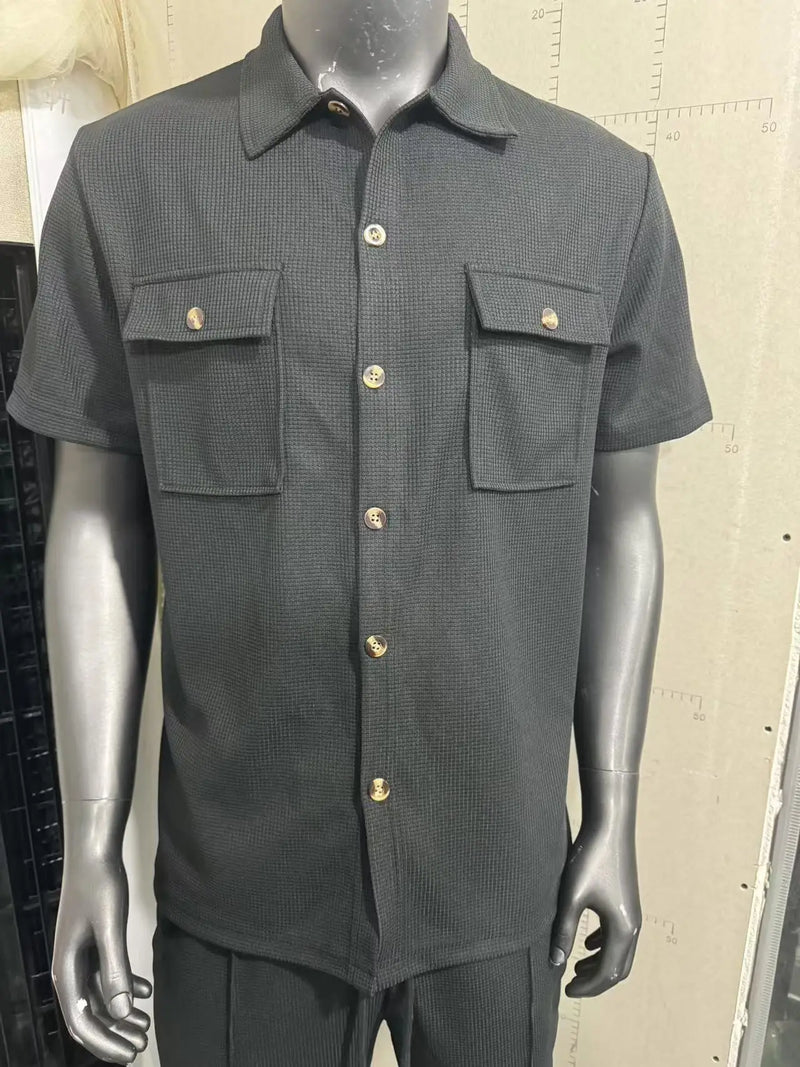 Conjunto de duas peças masculino, camisa casual leve, cor sólida, bolso com botão, tendência waffle, manga curta, calça, verão 2025