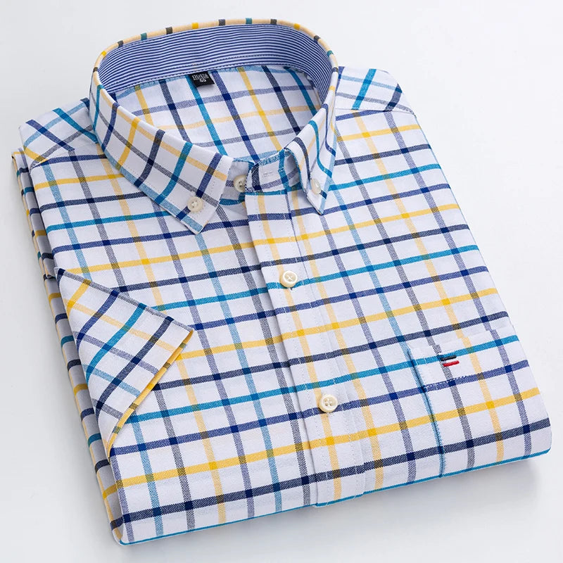 Men's Pure Cotton Oxford Short Sleeve Summer Casual Shirts Comfortable Standard-fit Button-down Plaid Solid Color Cotton Shirt