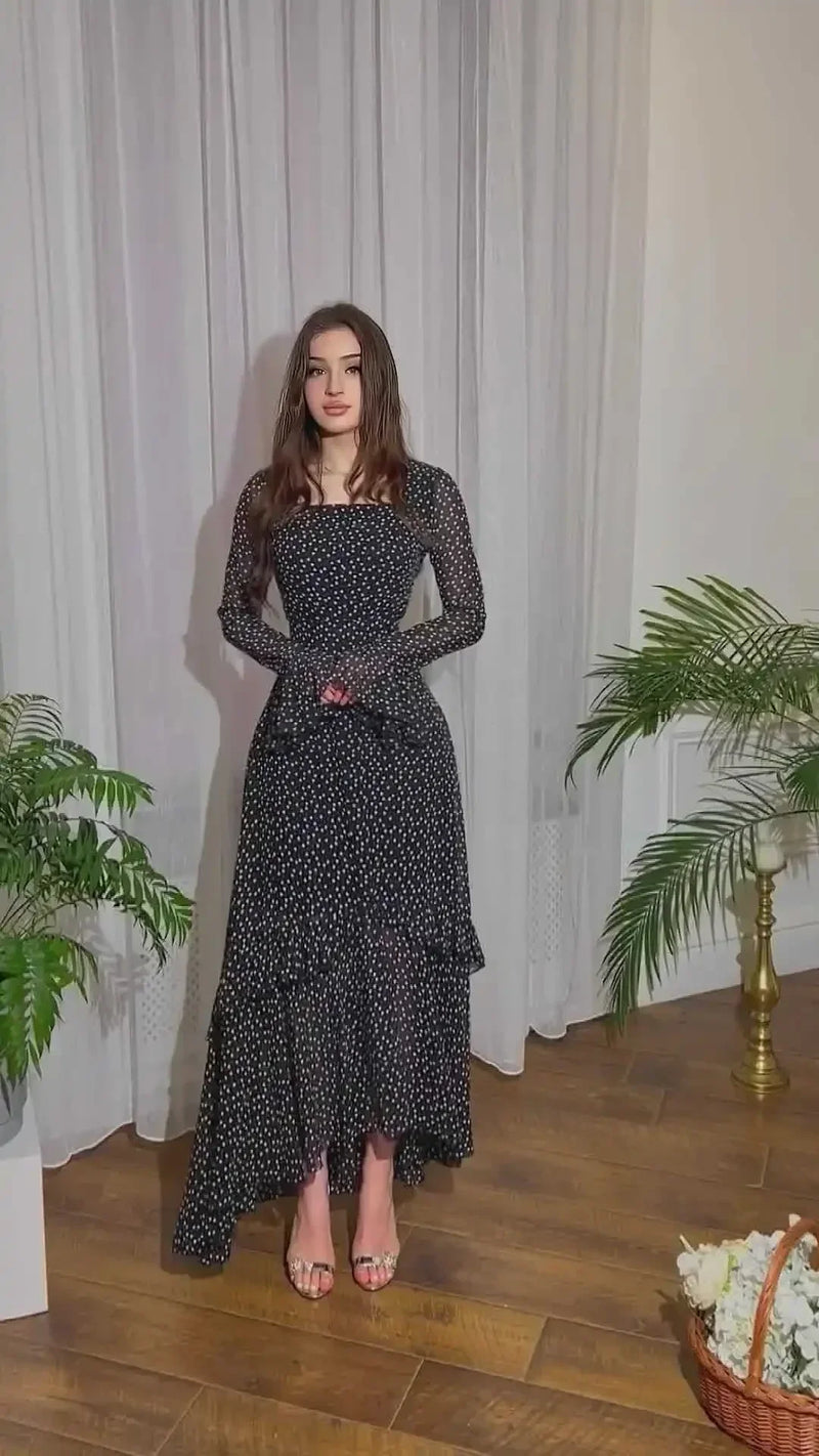 2025 Women's Dress Elegant Fresh Sweet Polka Dot Print Asymmetrical Layered Long Sleeve Tie Details High Waist Slim Maxi Dress