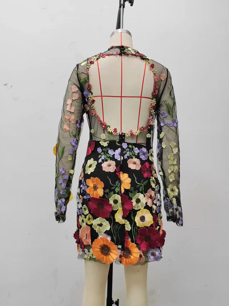Sexy Women's Dress 2023 Spring Autumn Sweet Style Half Turtleneck 3D Flower Package Hip Sexy Straight Long Sleeve Mini Dress