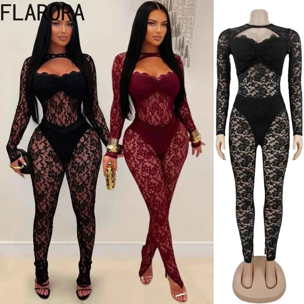 FLARORA Sexy Lace Hollow See Through Jumpsuits Woman O Neck Full Sleeve Peach Hip Slim Jumpsuit Midnight Party Clubwear Overalls