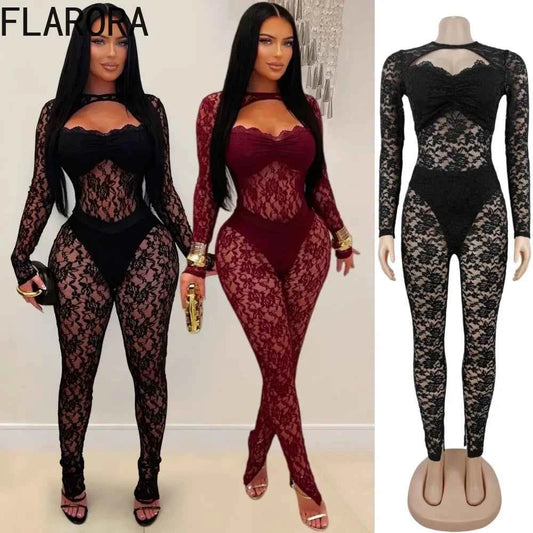 FLARORA Sexy Lace Hollow See Through Jumpsuits Woman O Neck Full Sleeve Peach Hip Slim Jumpsuit Midnight Party Clubwear Overalls