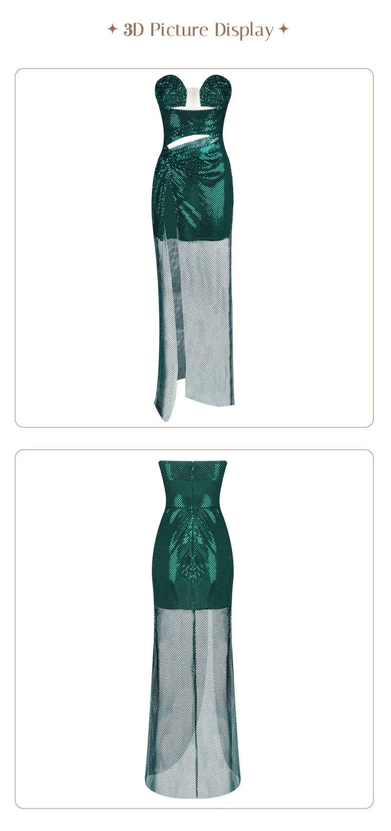 VC Glamorous Strapless Green Sequin Maxi Dress with Corset Style Bodice and Slit Party Evening Gown