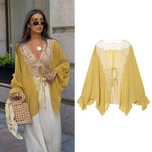 Women's Shirts Summe Fashion Splicing Lace Shirt Summe Women Loose Casual Shirts Female Blouses Chic Tops