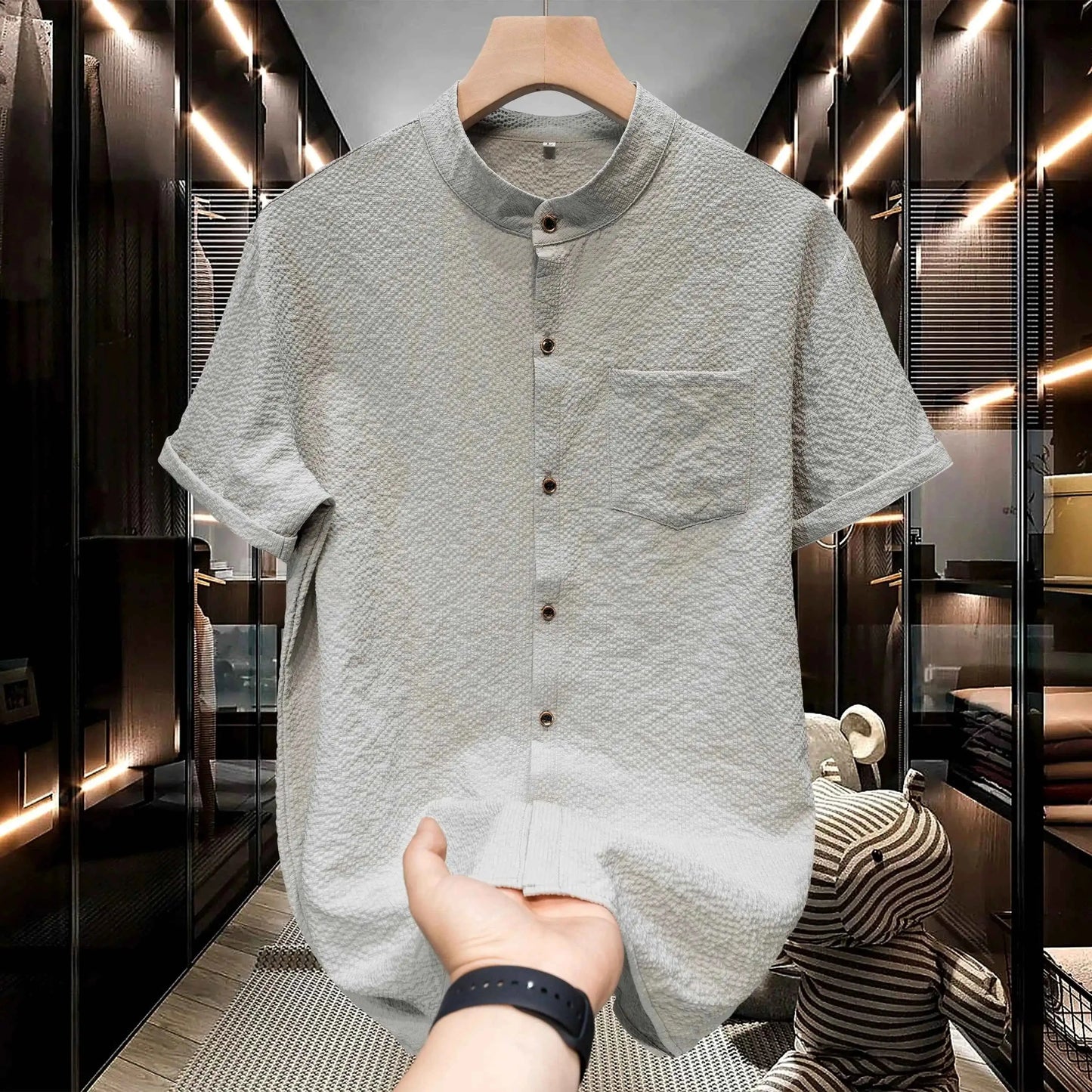 M-5XL Summer Men's Shirt Short Sleeved with Bubble Gauze Textured Fabric Thin Quick Drying Stand Up Collar Short Sleeved Shirt