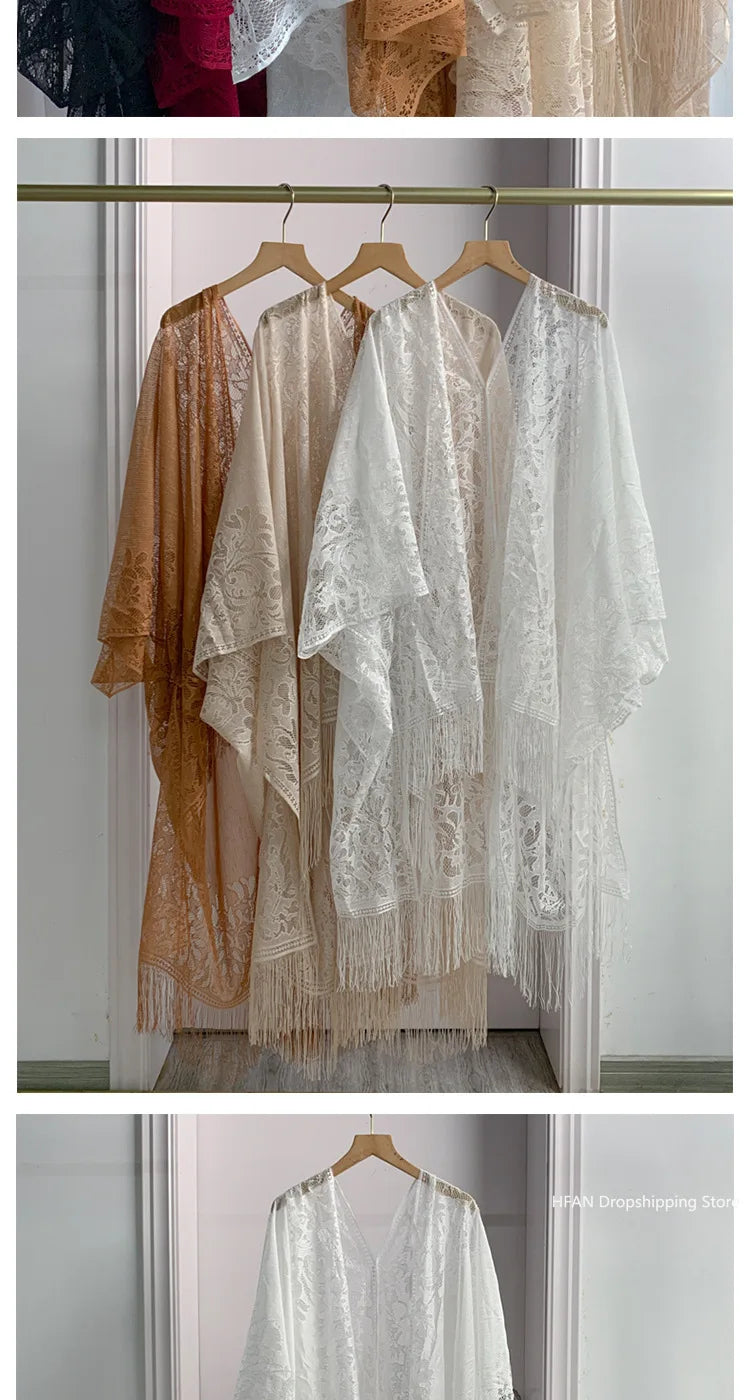 Women Sun Protection Shawl Lady Summer Hollow Out Lace Cardigan Holiday Bikini Blouse Breathable Beach Cape Sexy Long Tippet