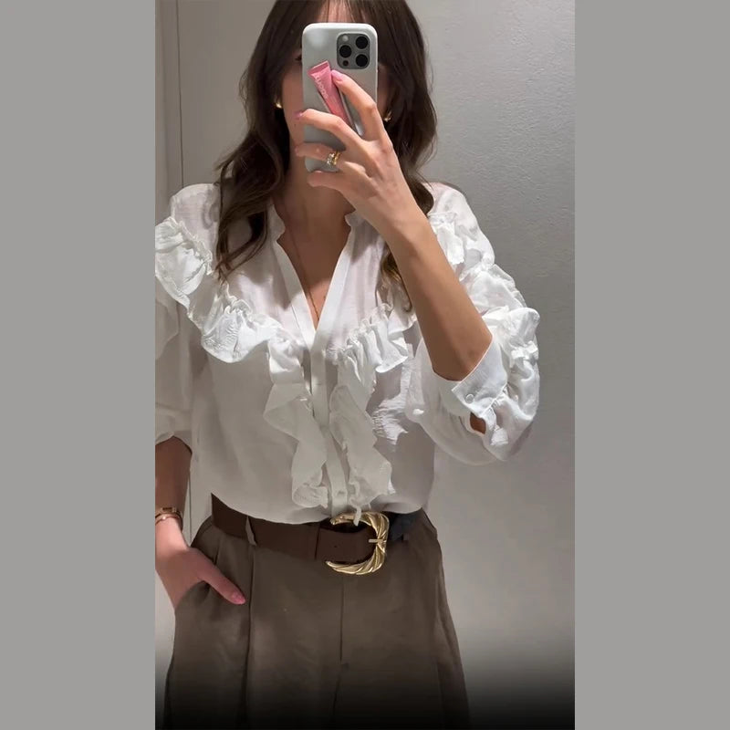 Blusa feminina elegante, azul, gola alta, babados, manga comprida, lisa, solta, chiffon, nova blusa feminina de verão 2025