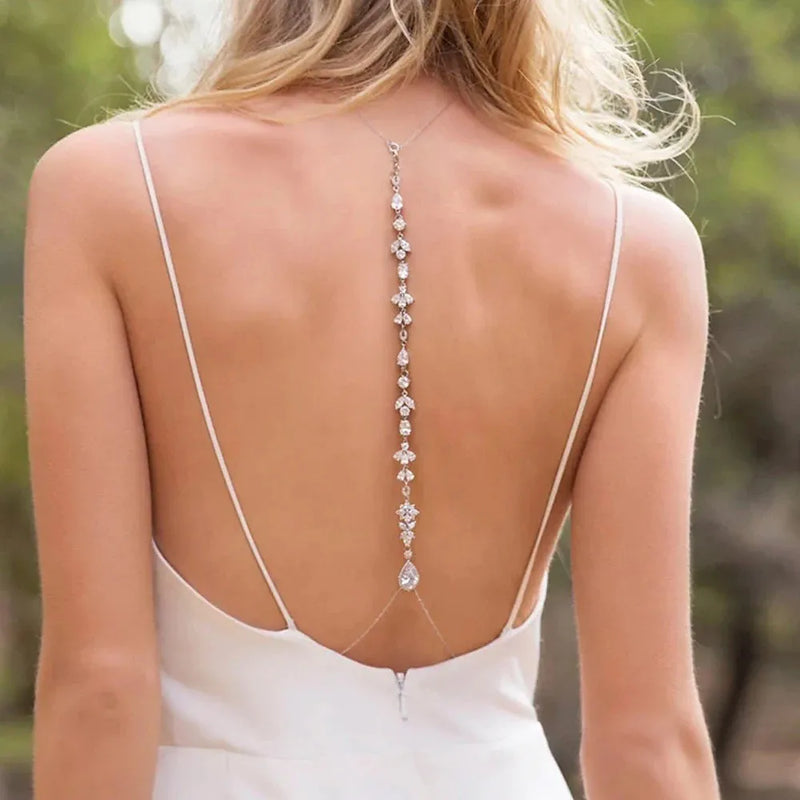 Luxury Cubic Zirconia Backdrop Necklace Wedding Accessories Body Chain Crystal Backless Necklace for Bride Dresses for Women - CRAVO ROSE