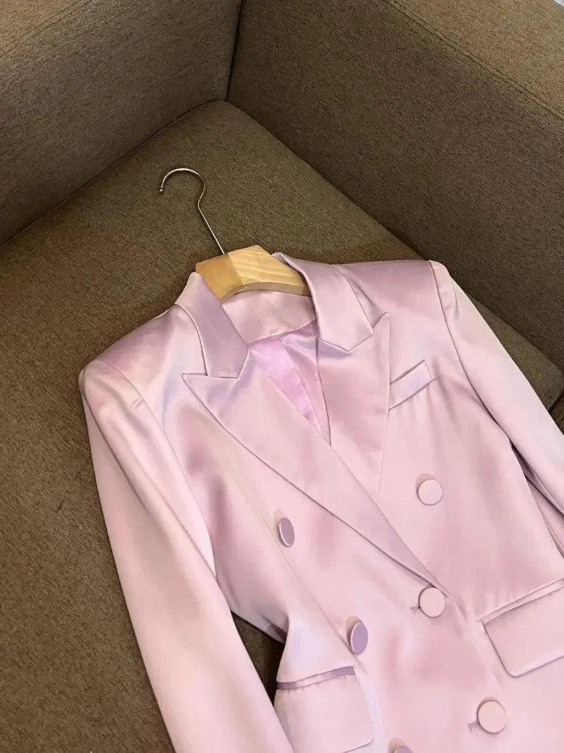 Women Fall Spring Double Breasted Faux Silk Suits Coat OL Satin Blazer Jacket Glossy Cardigan + A-Line Short Skirt Two Piece Set - CRAVO ROSE