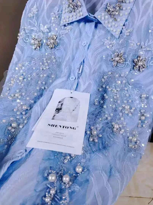 Luxury Pearls Beads Stitch Blue Blouses Shirts For Women 2025 Spring Summer New Fashion Trend Loose Casual Tops Blusas