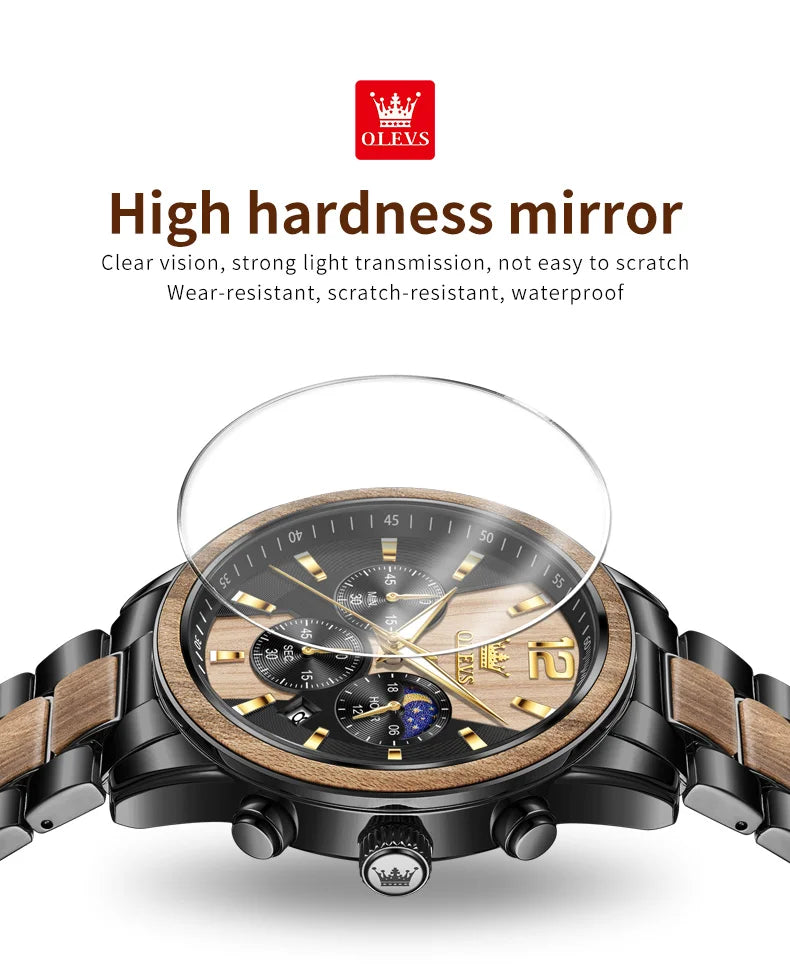 OLEVS 3645 Mens Watch Top Brand Business Original Quartz Watch Solid Wood Multifunctional Chronograph Watch Moon Phase Reloj New