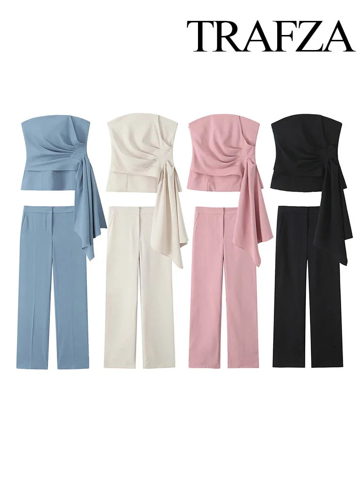 TRAFZA Women 2 Piece Set Solid Asymmetric Folds Side Zip Design Short Vest Top+Fashion Pockets High Waist Casual Wide Leg Pants