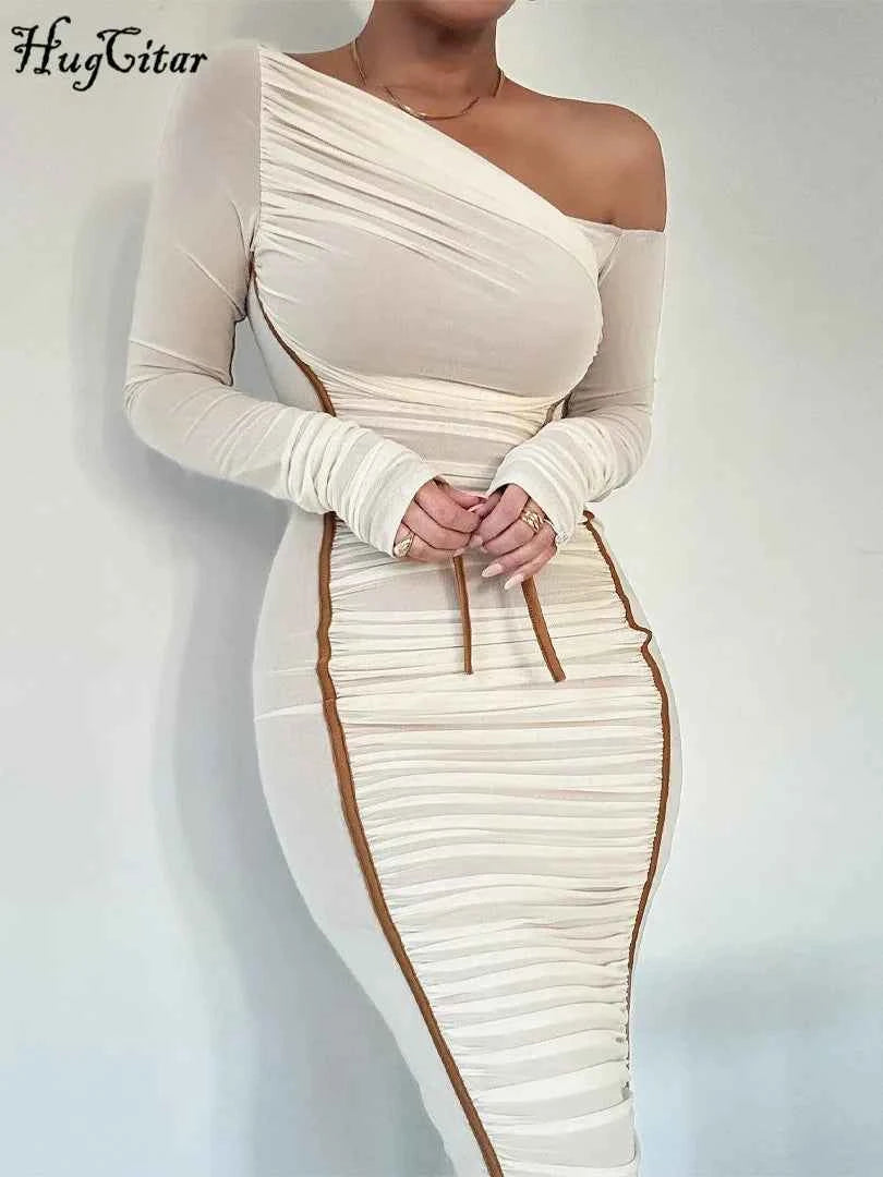 Hugcitar Mesh Solid Diagonal Collar Long Sleeve Draped Sexy See Through Bodycon Maxi Dress Summer Fashion Clothes Festival Club
