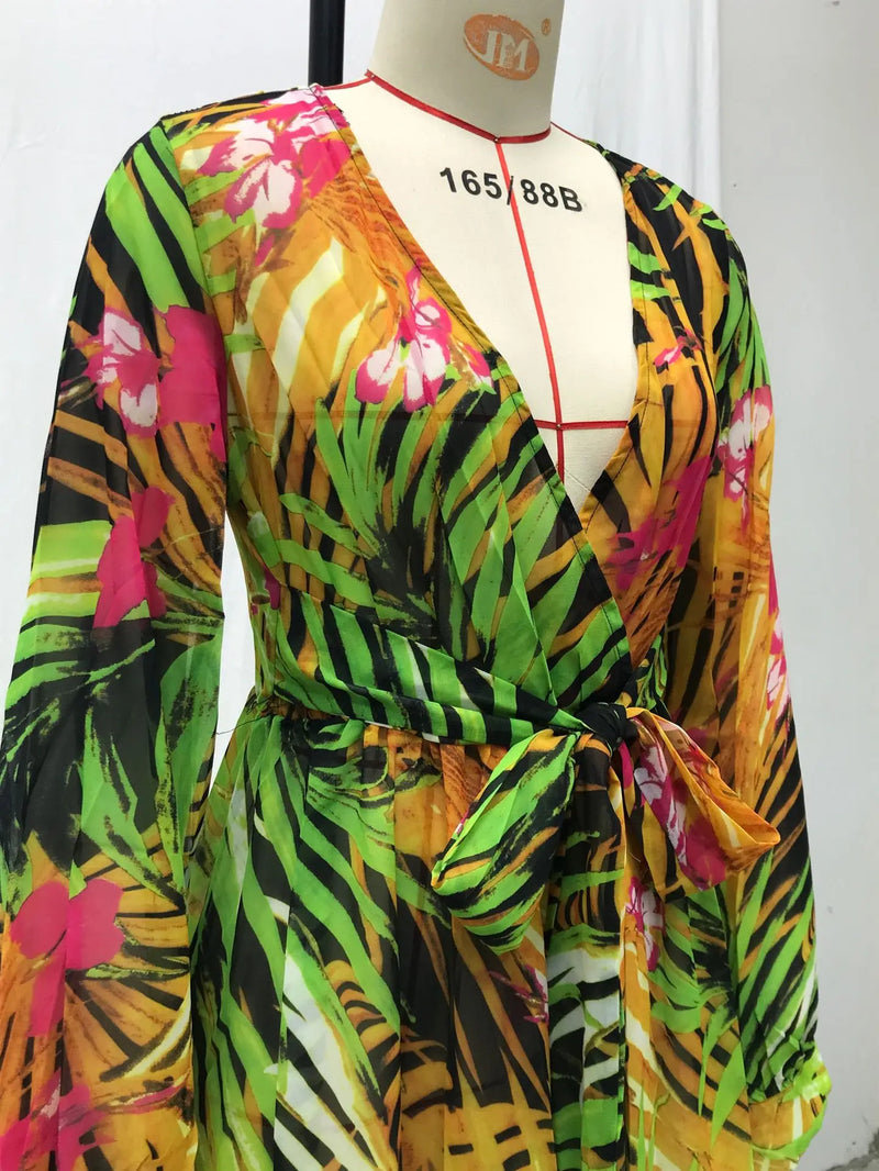 Women's 2024 Autumn New Lantern Sleeves Sexy Deep V Fashion Printed Dress Green Leaf Strap Waist Ankle Long Dress