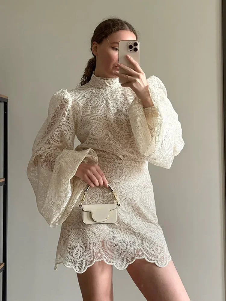 Elegant Lace Hollow Out Mini Dress Women Long Sleeve Designs Chic High Neck Short Vestidos 2026 Trendy Spring Club Night Gown