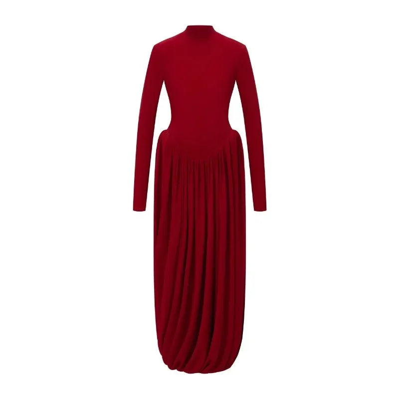 Tuularose Red Hollow Dress Women High Waist Sexy Backless Long Sleeve Gathered Dress Summer Patchwork Retro Party Evening Dress
