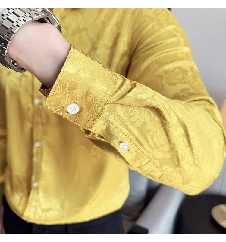 Men's Social Shirt New Rose Printed Long Sleeve Shirt Luxury Fashion Business Slim Fit Formal Shirt Men's Clothing 4XL-M