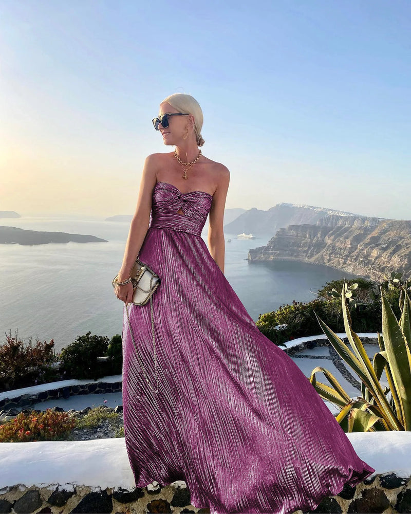 2024 Sexy Twist Strapless Hollow Out Long Dress Women Boho Elegant Bronzing Evening Dress Fashion Sleeveless A-Line Party Dress