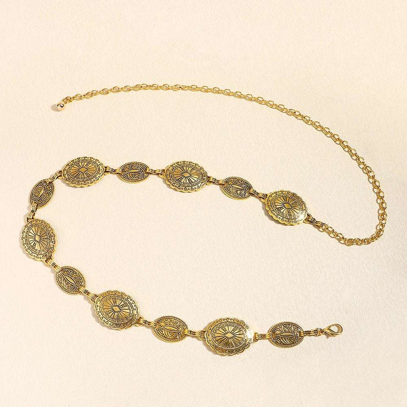 Retro style women's metal waist chain accessories Decorative circle carved chain belt high style accessories