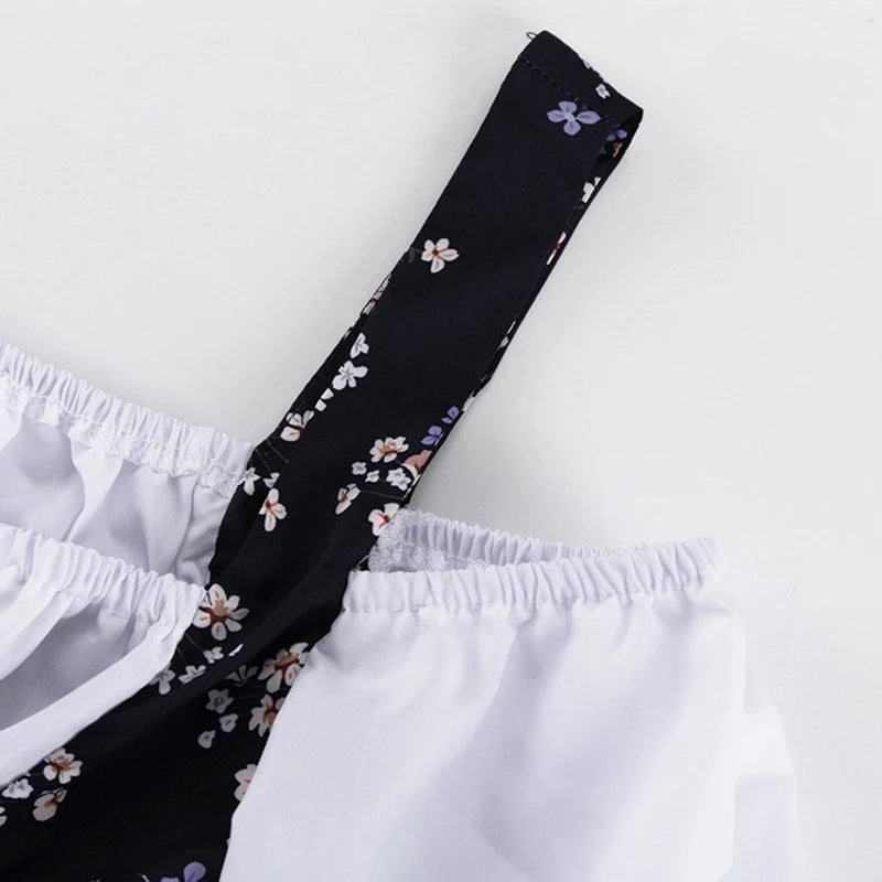 Y2k Cottage Lace Patchwork Off-shoulder Square Collar A-line Dress Floral Printed Fake 2 Piece-set Tie Up Mini Dress Streetwear