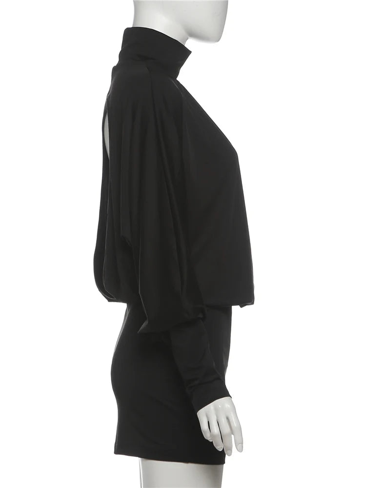 Nibber Backless Dress Women Turtleneck Lantern Sleeve Solid High Elasticity Sexy Simple Classic Street Prom Party Mini Bodycon