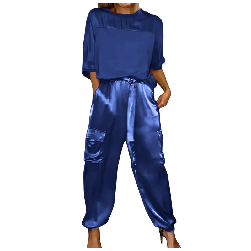 Women Smooth Satin Half Sleeve Top And Pants Set Women Casual Summer Satin Pajama Set solid color party Glossy Outfits - CRAVO ROSE