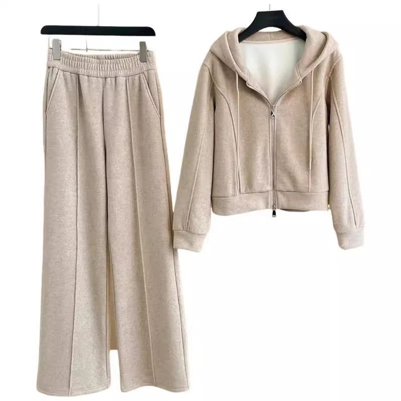 Women's Fleece Lined Thick Casual Sports Suit Set Hoodie Jacket Wide Leg Pants Two Piece Set Autumn Winter Fashion New Style