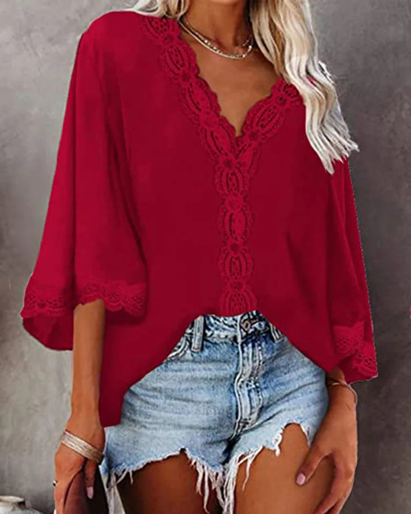 Blusa feminina de chiffon com costura de renda, decote em V, manga flare, blusa solta de verão, moda simples