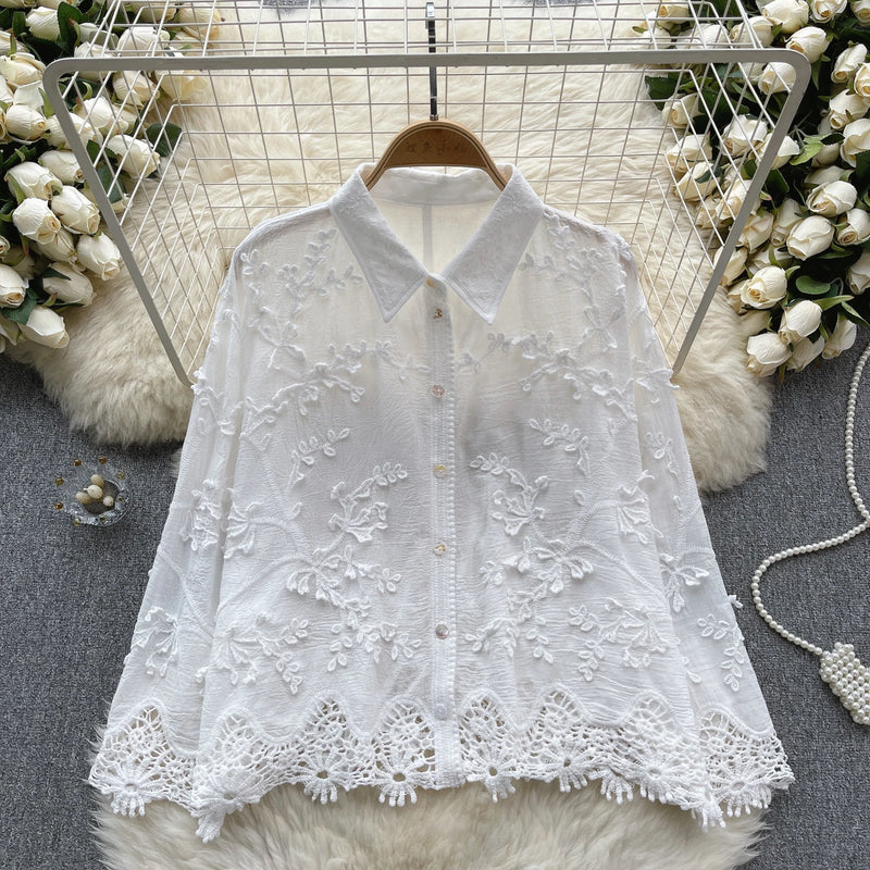 Camisa solta bordada SINGREINY feminina elegante retrô com lapela sólida manga comprida blusa feminina de alta qualidade moda verão