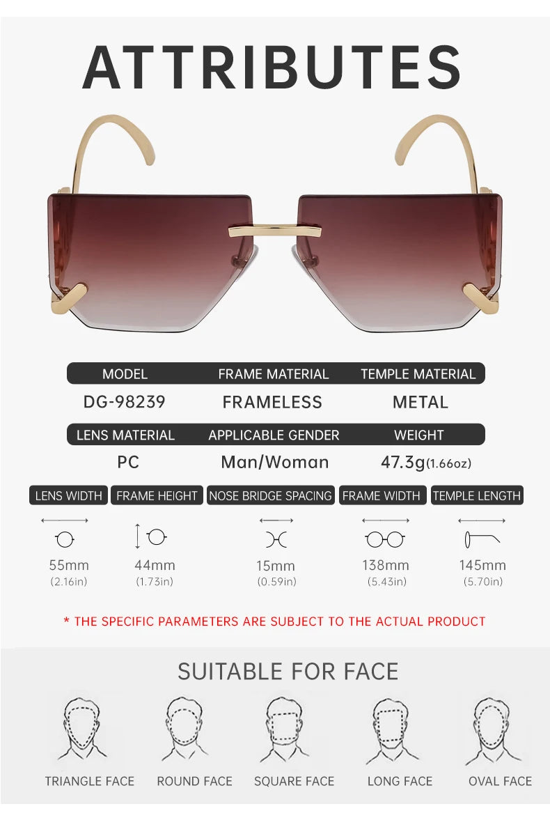 Óculos de sol quadrados sem aro punk femininos, armação de metal, design de marca de luxo, óculos retrô para mulheres, proteção UV400, 2025