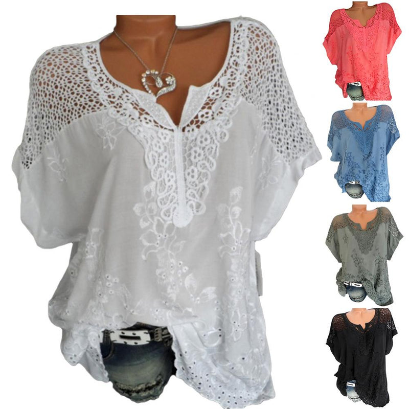 Blusas e tops femininos de manga curta, camisa solta de renda branca, patchwork, tamanho grande 4xl 5xl 6xl, tops femininos, roupas casuais