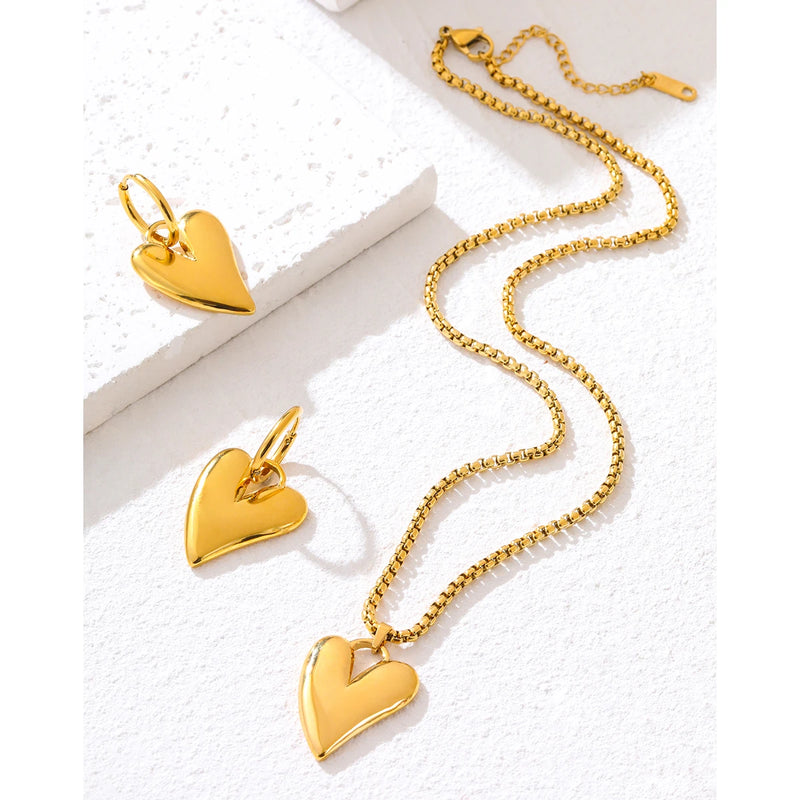 YACHAN 18K Gold Plated Stainless Steel Irregular Heart Necklace Earrings for Women Glossy Chic Waterproof Jewelry Set - CRAVO ROSE