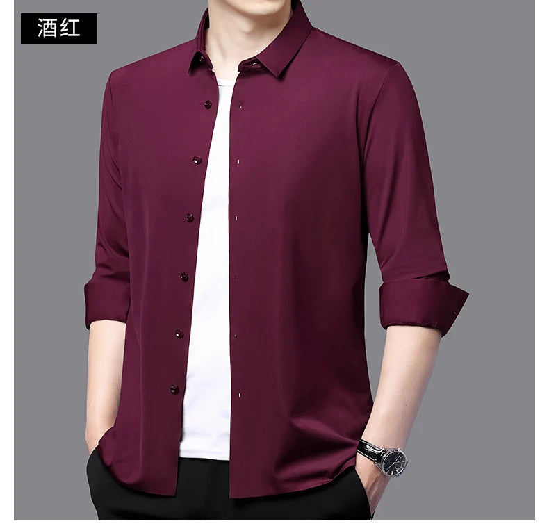 Camisa masculina premium ultraelástica - Camisa formal de manga comprida de seda de alta qualidade para uso social e casual