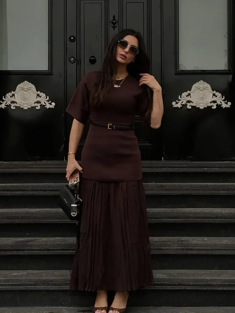 Vestido longo elegante com decote redondo e manga curta, moda feminina, liso, plissado, gaze, patchwork, 2025, novo, para escritório