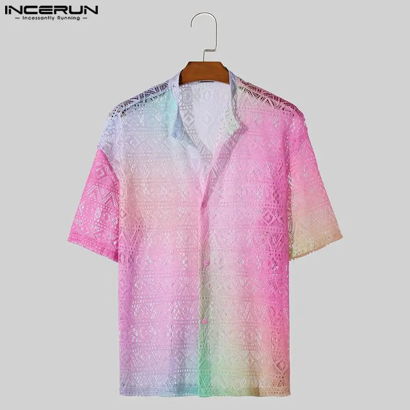 Conjuntos masculinos  de renda transparente com tie-dye, lapela degradê, camisa de manga curta e shorts, 2 peças,  urbana, ternos