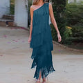 Elegant Asymmetric Slim Evening Dress Fashion Tassel Club Party Dress 2024 Lady Sexy Diagonal Collar Sleeveless Tank Long Dress