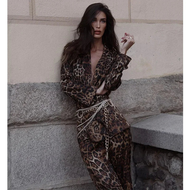MUJER Leopard Print Blazers Woman Outfit Straight Leg Pants Sets for Women 2 Pieces Jacquard Office Blazer Women's Trouser Suit