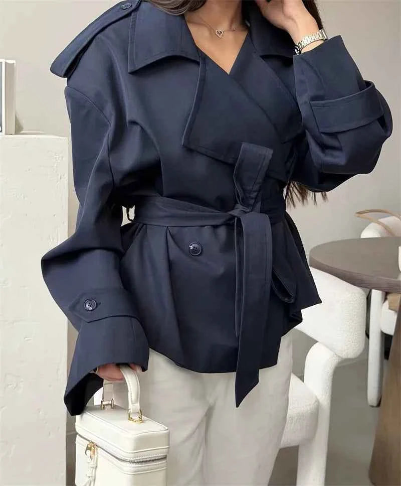 Women's Coat 2026 Spring New Style Solid Color Long Sleeve Belted Short Trench Coat European and American Personalized Fashion